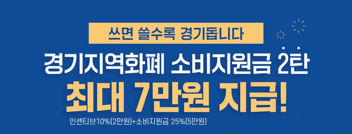 쓰면 쓸수록 경기돕니다 경기지역화폐 소비지원금 2탄 최대 7만원 지급! 인센티브 10%(2만원)+소비지원금 25%(5만원)